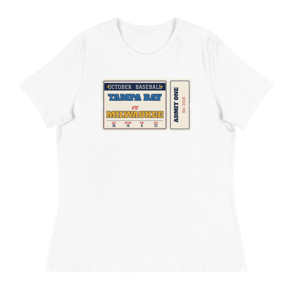 Women's Tampa Bay vs Milwaukee Retro Ticket Relaxed Tee in white, front view