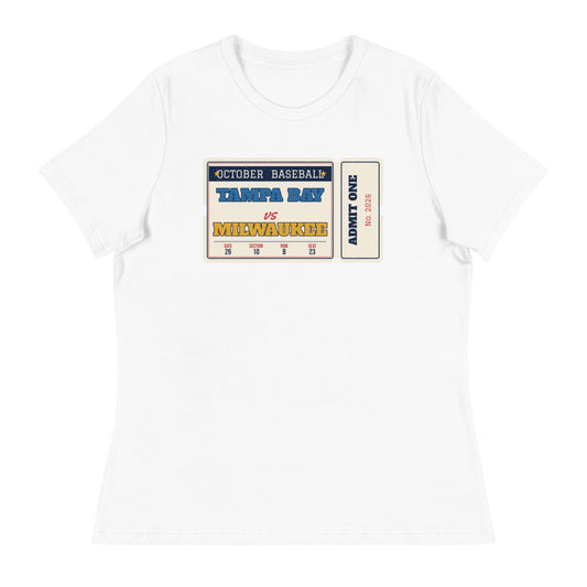 Women's Tampa Bay vs Milwaukee Retro Ticket Relaxed Tee in white, front view