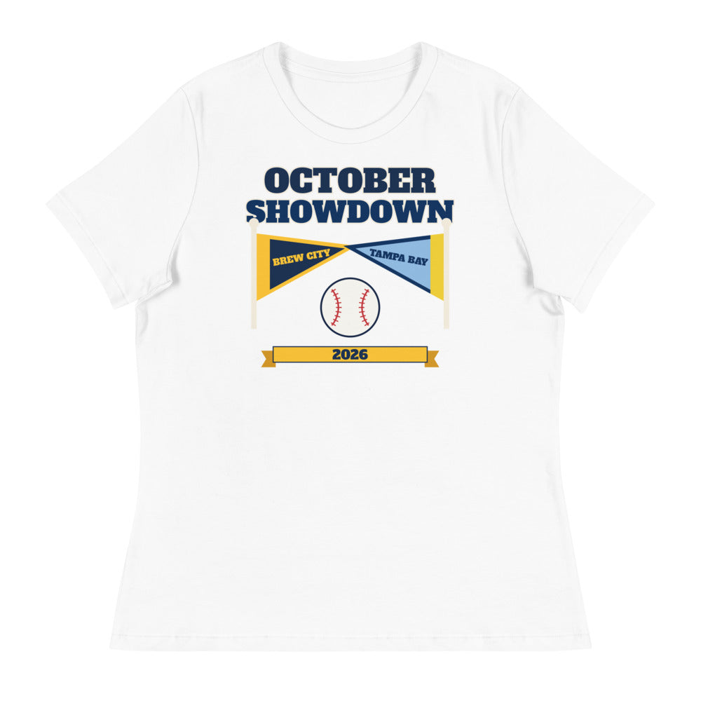 Women's October Showdown 2026 Relaxed Tee in white, design printed on the front, front view