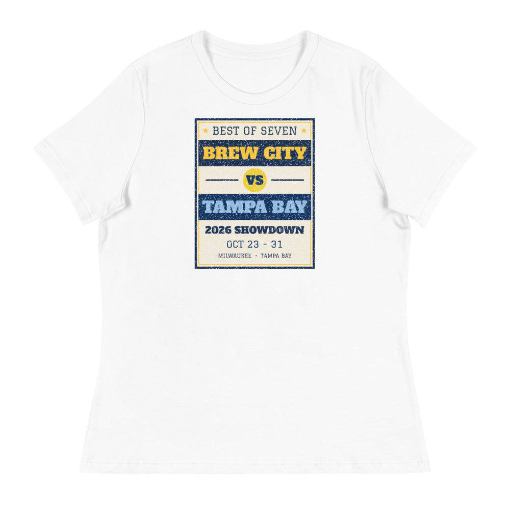 Women's Brew City vs Tampa Bay 2026 Showdown Relaxed Tee in white, design printed on the front, front view