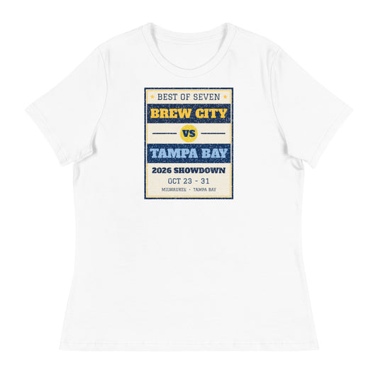 Women's Brew City vs Tampa Bay 2026 Showdown Relaxed Tee in white, design printed on the front, front view