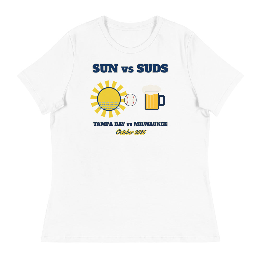 Women's Sun vs Suds Tampa Bay vs Milwaukee Relaxed Tee in white, design printed on the front, front view