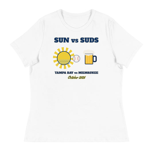Women's Sun vs Suds Tampa Bay vs Milwaukee Relaxed Tee in white, design printed on the front, front view