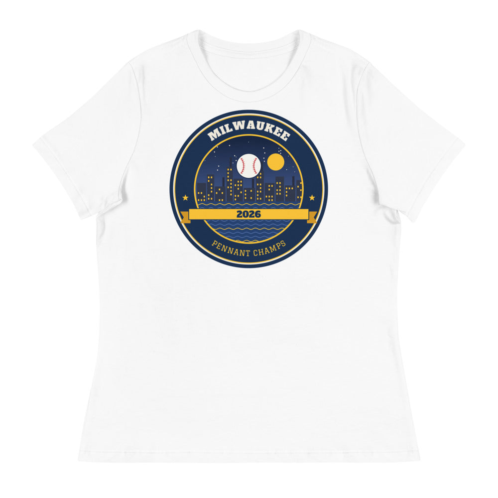 Women's Milwaukee 2026 Pennant Champs Relaxed Tee in white, design printed on the front, front view