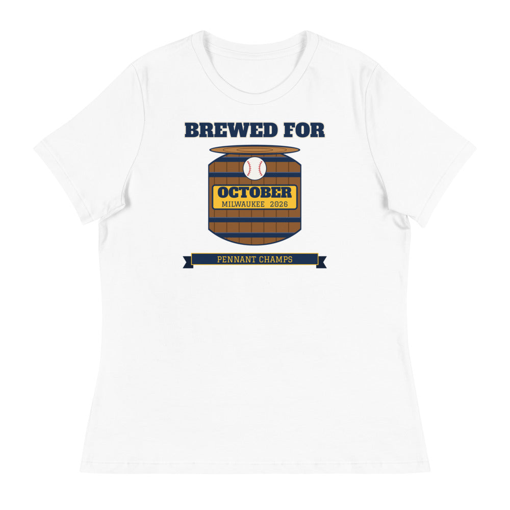 Women's Brewed for October Milwaukee 2026 Relaxed Tee in white, design printed on the front, front view