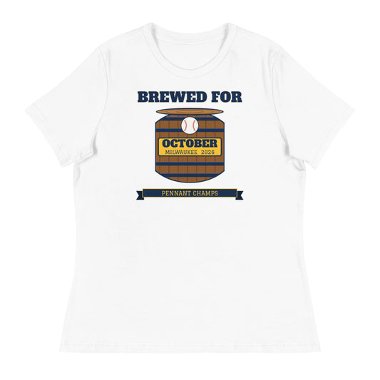 Women's Brewed for October Milwaukee 2026 Relaxed Tee in white, design printed on the front, front view