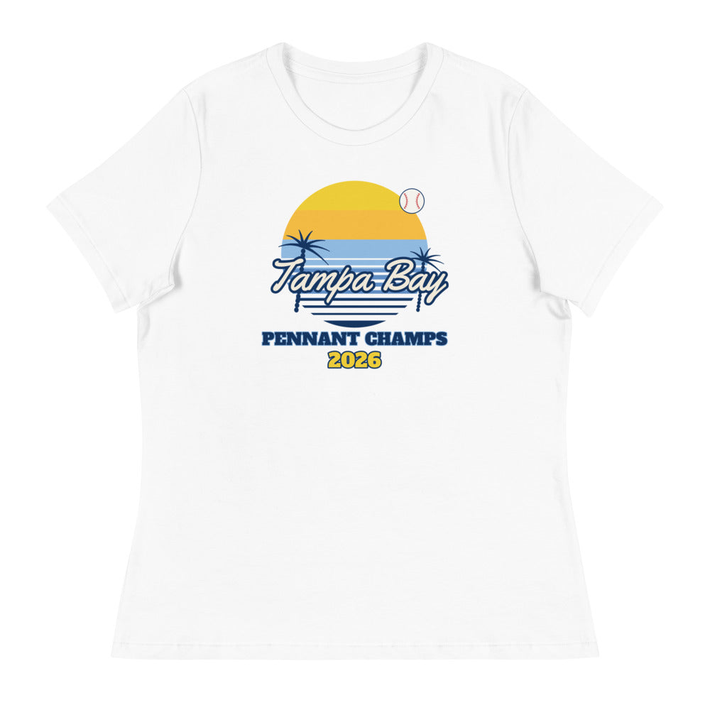 Women's Tampa Bay Sunset Champs 2026 Relaxed Tee in white, design printed on the front, front view