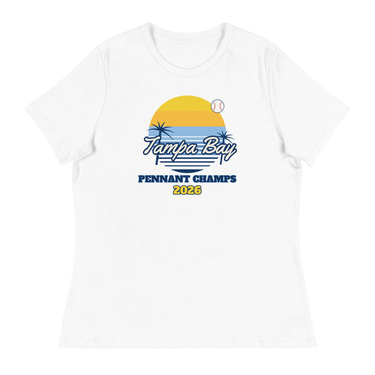 Women's Tampa Bay Sunset Champs 2026 Relaxed Tee in white, design printed on the front, front view