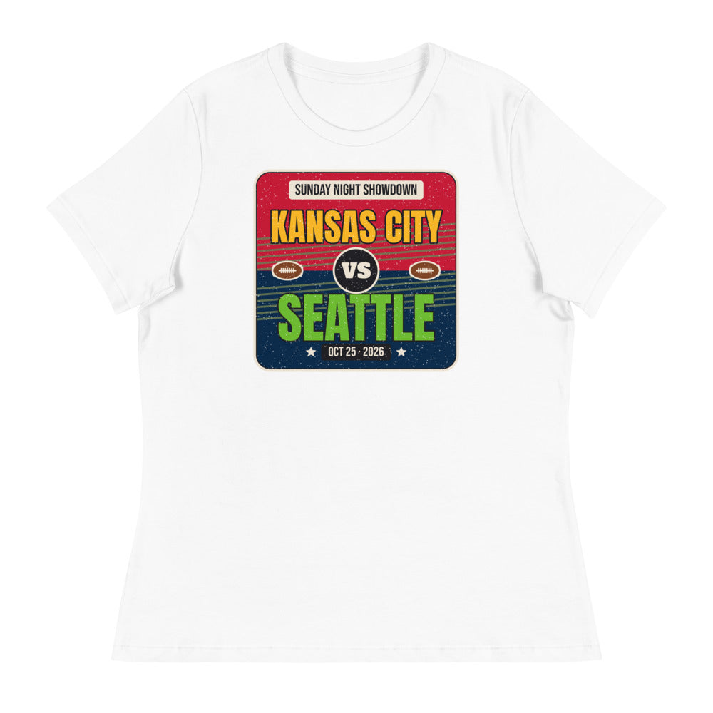Women's Kansas City vs. Seattle Showdown 2026 Relaxed Tee in white, design printed on the front, front view