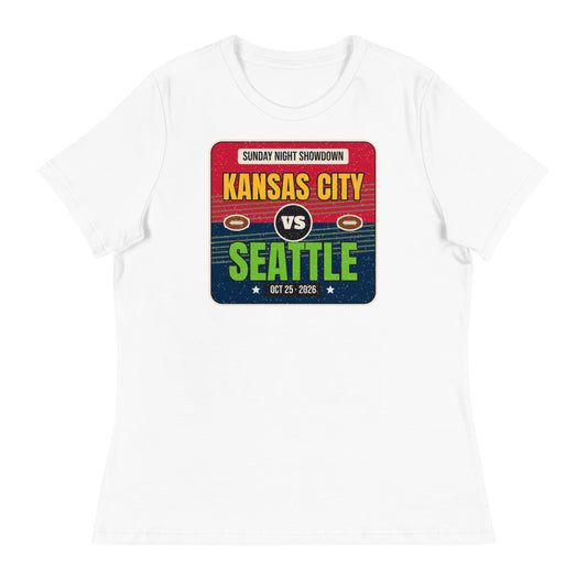 Women's Kansas City vs. Seattle Showdown 2026 Relaxed Tee in white, design printed on the front, front view