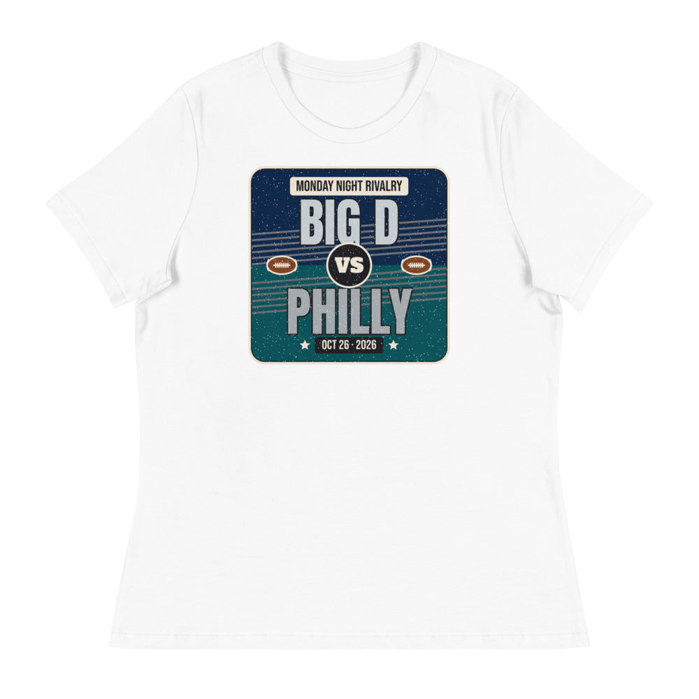 Women's Big D vs. Philly Rivalry 2026 Relaxed Tee in white, design printed on the front, front view