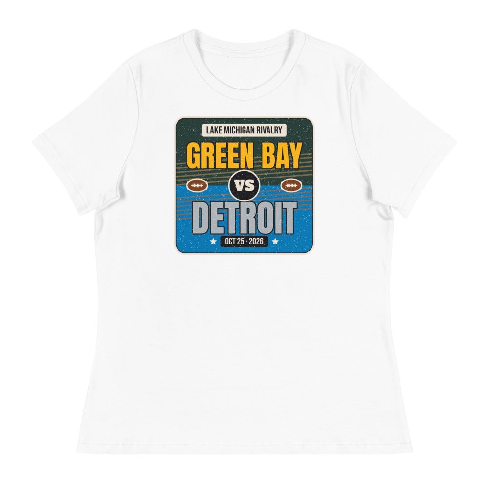 Women's Green Bay vs. Detroit Rivalry 2026 Relaxed Tee in white, design printed on the front, front view