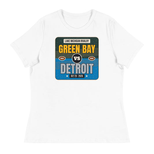 Women's Green Bay vs. Detroit Rivalry 2026 Relaxed Tee in white, design printed on the front, front view