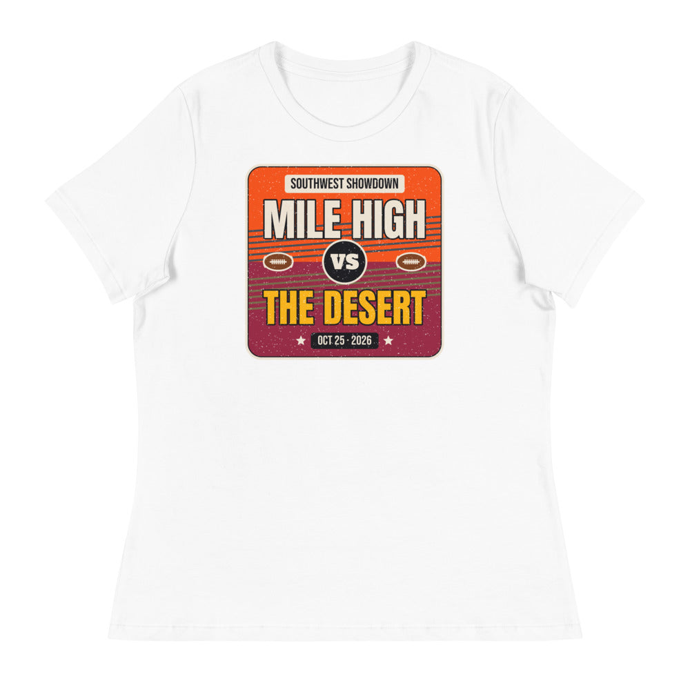 Women's Mile High vs. The Desert Showdown 2026 Relaxed Tee in white, design printed on the front, front view