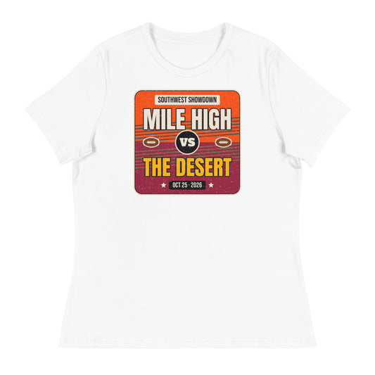 Women's Mile High vs. The Desert Showdown 2026 Relaxed Tee in white, design printed on the front, front view