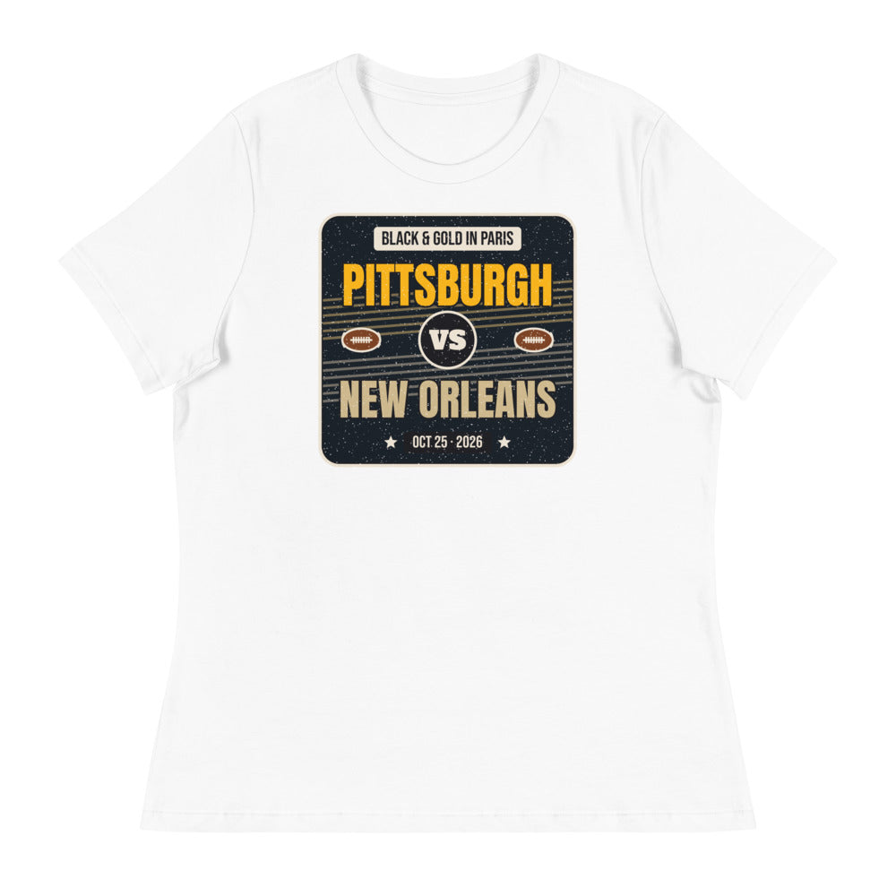 Women's Pittsburgh vs. New Orleans Paris Game 2026 Relaxed Tee in white, design printed on the front, front view
