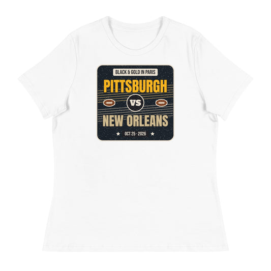 Women's Pittsburgh vs. New Orleans Paris Game 2026 Relaxed Tee in white, design printed on the front, front view
