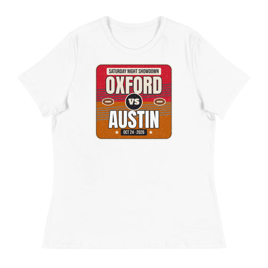 Women's Oxford vs. Austin Showdown 2026 Relaxed Tee in white, design printed on the front, front view
