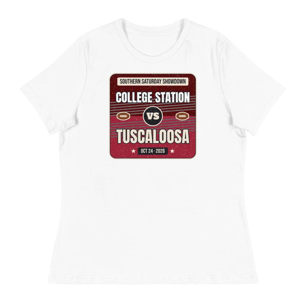Women's College Station vs. Tuscaloosa Showdown 2026 Relaxed Tee in white, design printed on the front, front view