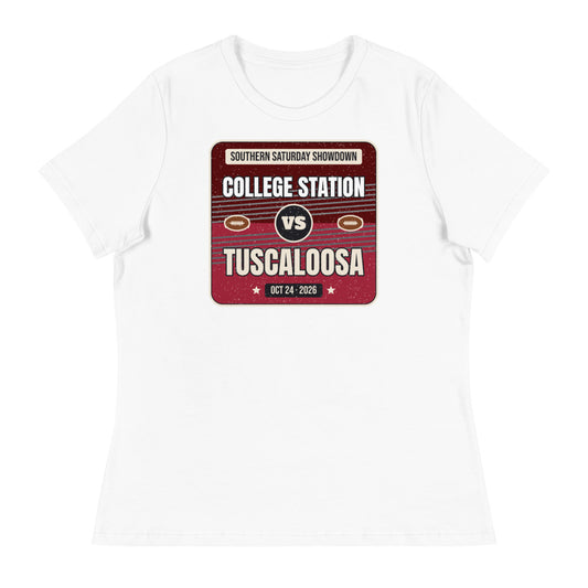 Women's College Station vs. Tuscaloosa Showdown 2026 Relaxed Tee in white, design printed on the front, front view