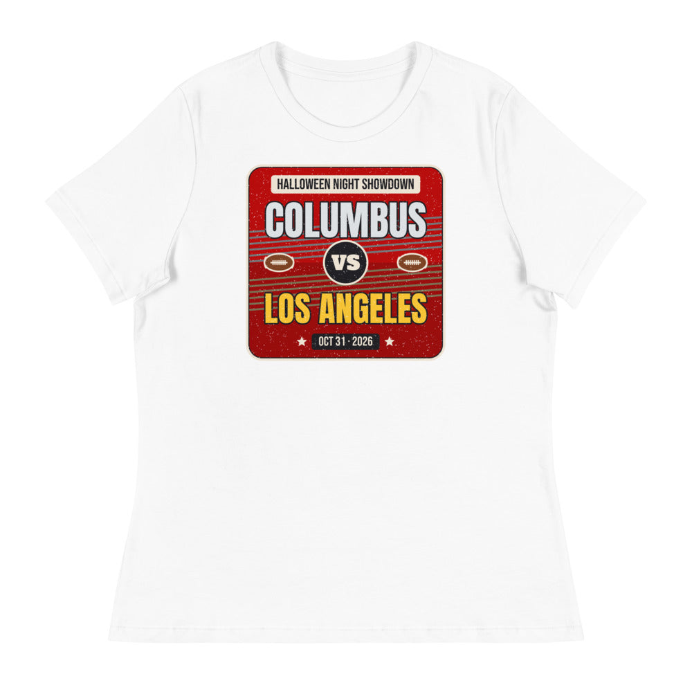 Women's Columbus vs. Los Angeles Halloween Night 2026 Relaxed Tee in white, design printed on the front, front view