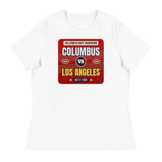 Women's Columbus vs. Los Angeles Halloween Night 2026 Relaxed Tee in white, design printed on the front, front view