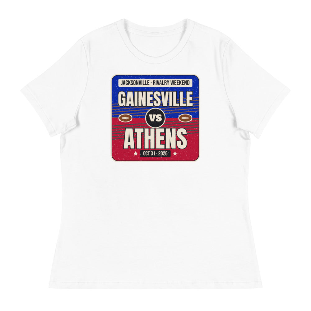 Women's Gainesville vs. Athens Jacksonville Rivalry 2026 Relaxed Tee in white, design printed on the front, front view