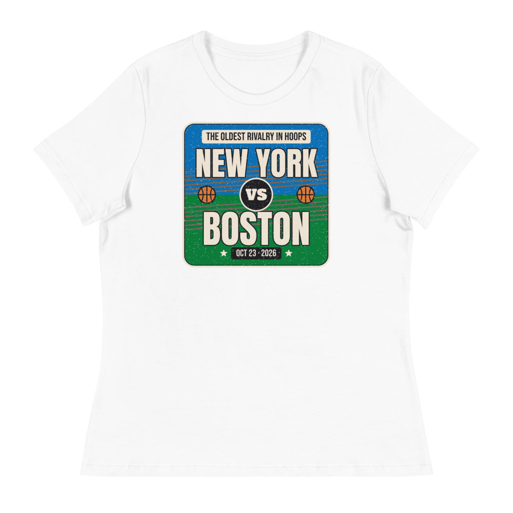Women's New York vs. Boston Rivalry 2026 Relaxed Tee in white, design printed on the front, front view