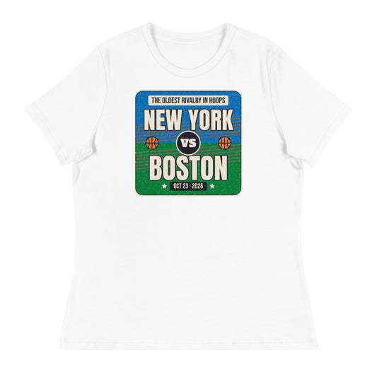 Women's New York vs. Boston Rivalry 2026 Relaxed Tee in white, design printed on the front, front view