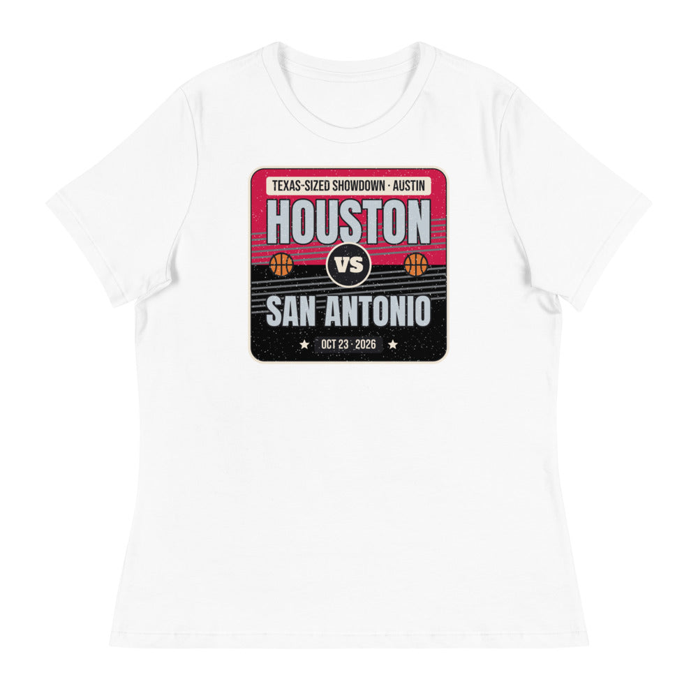 Women's Houston vs. San Antonio Showdown 2026 Relaxed Tee in white, design printed on the front, front view