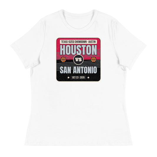 Women's Houston vs. San Antonio Showdown 2026 Relaxed Tee in white, design printed on the front, front view