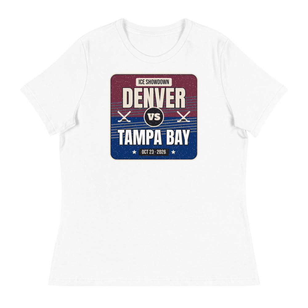 Women's Denver vs. Tampa Bay Showdown 2026 Relaxed Tee in white, design printed on the front, front view