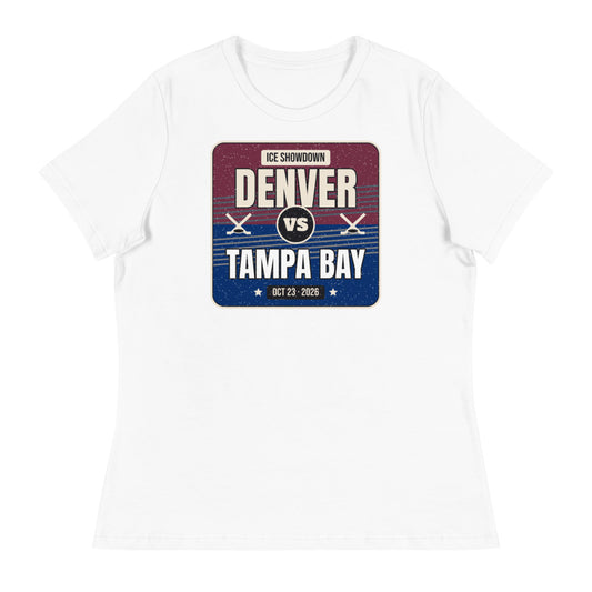 Women's Denver vs. Tampa Bay Showdown 2026 Relaxed Tee in white, design printed on the front, front view