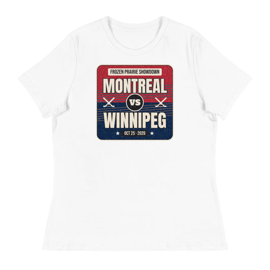 Women's Montreal vs. Winnipeg Outdoor Hockey 2026 Relaxed Tee in white, design printed on the front, front view