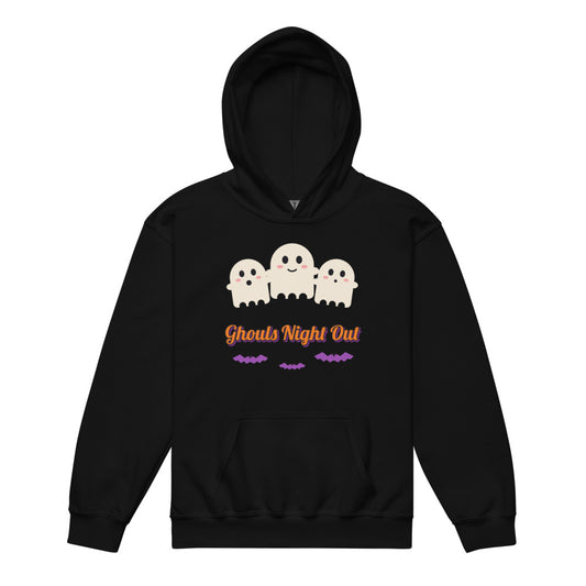 Ghouls Night Out Kids Hoodie in black, mockup of the design printed on the front of the kids hoodie