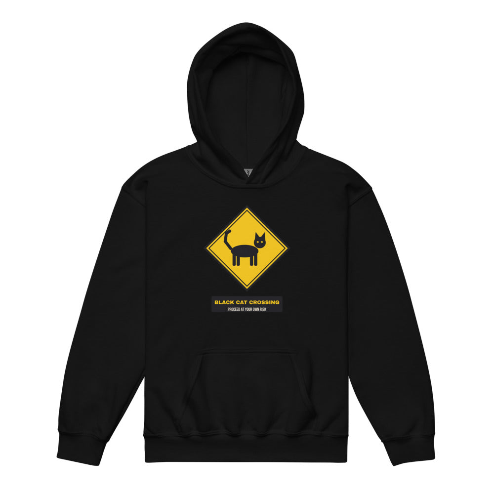 Black Cat Crossing Kids Hoodie in black, mockup of the design printed on the front of the kids hoodie