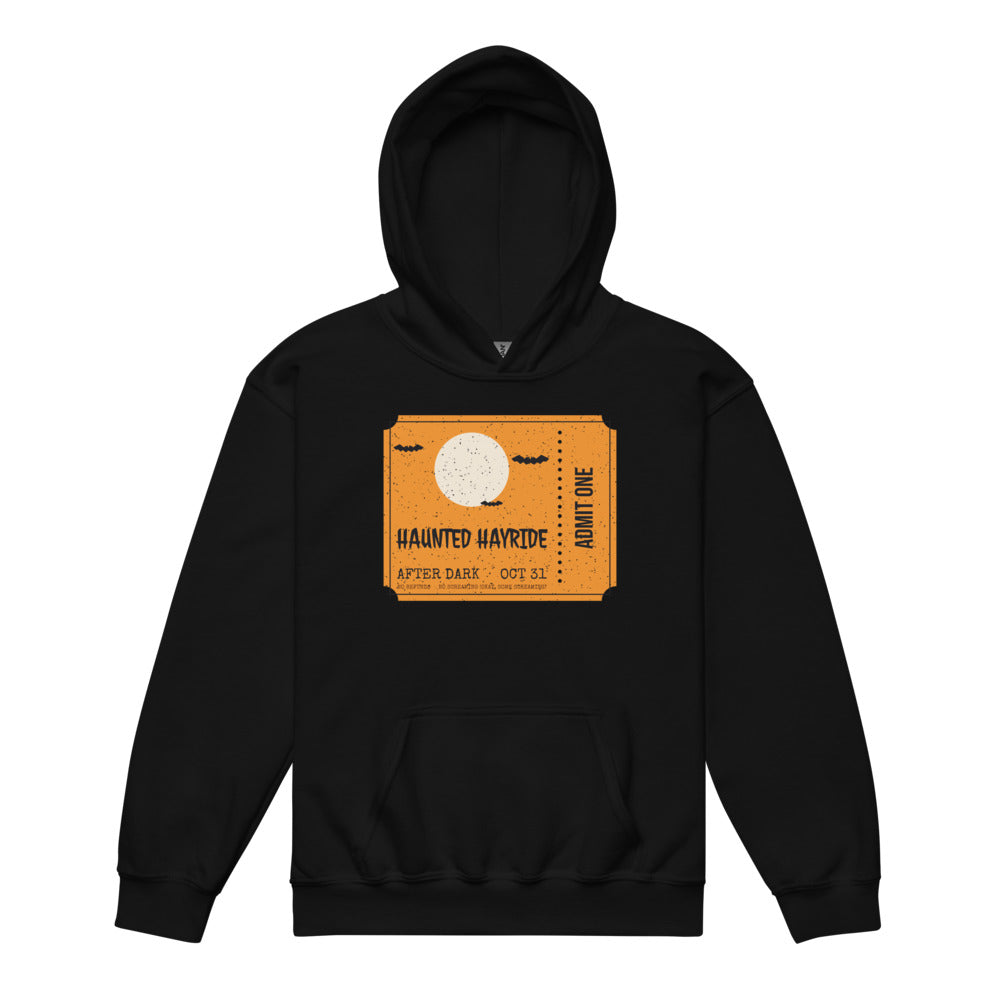 Haunted Hayride Kids Hoodie in black, mockup of the design printed on the front of the kids hoodie