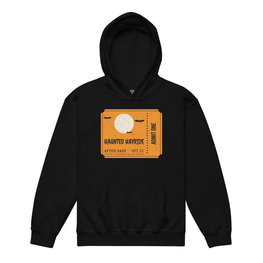 Haunted Hayride Kids Hoodie in black, mockup of the design printed on the front of the kids hoodie