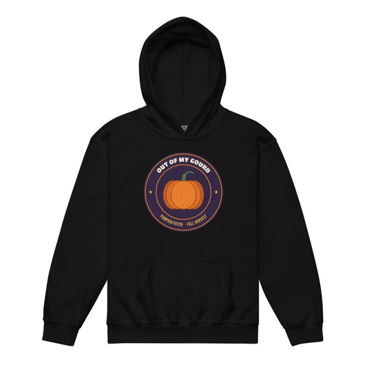Out of My Gourd Kids Hoodie in black, mockup of the design printed on the front of the kids hoodie