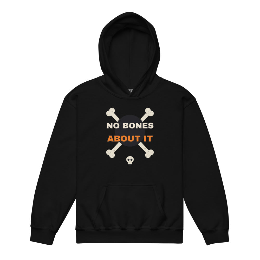 No Bones About It Kids Hoodie in black, mockup of the design printed on the front of the kids hoodie