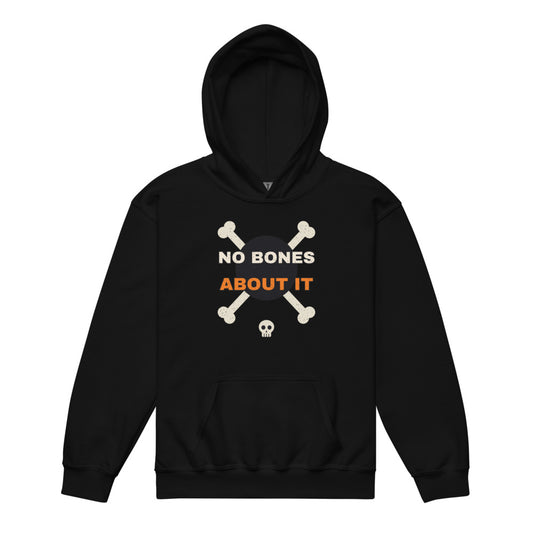 No Bones About It Kids Hoodie in black, mockup of the design printed on the front of the kids hoodie