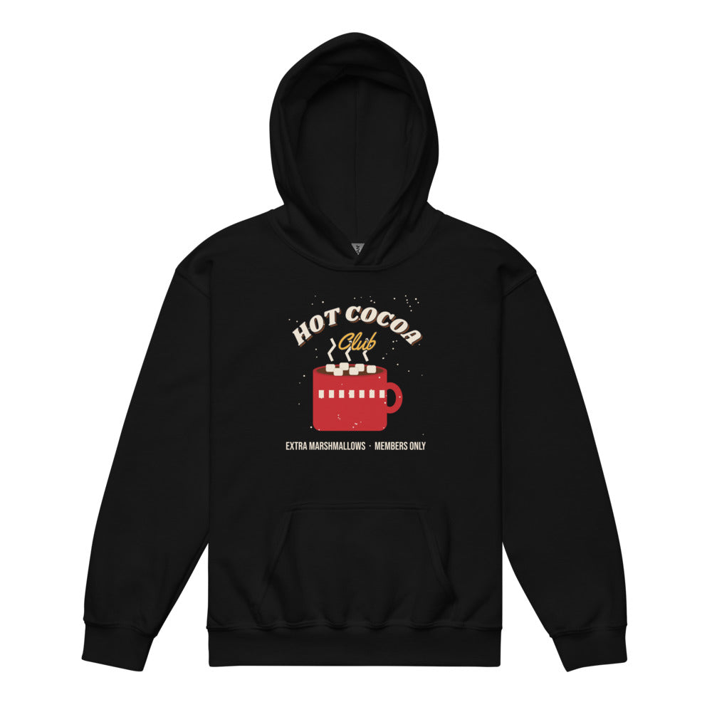 Hot Cocoa Club Kids Hoodie in black, mockup of the design printed on the front of the kids hoodie