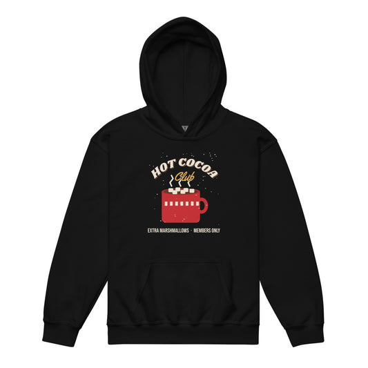 Hot Cocoa Club Kids Hoodie in black, mockup of the design printed on the front of the kids hoodie