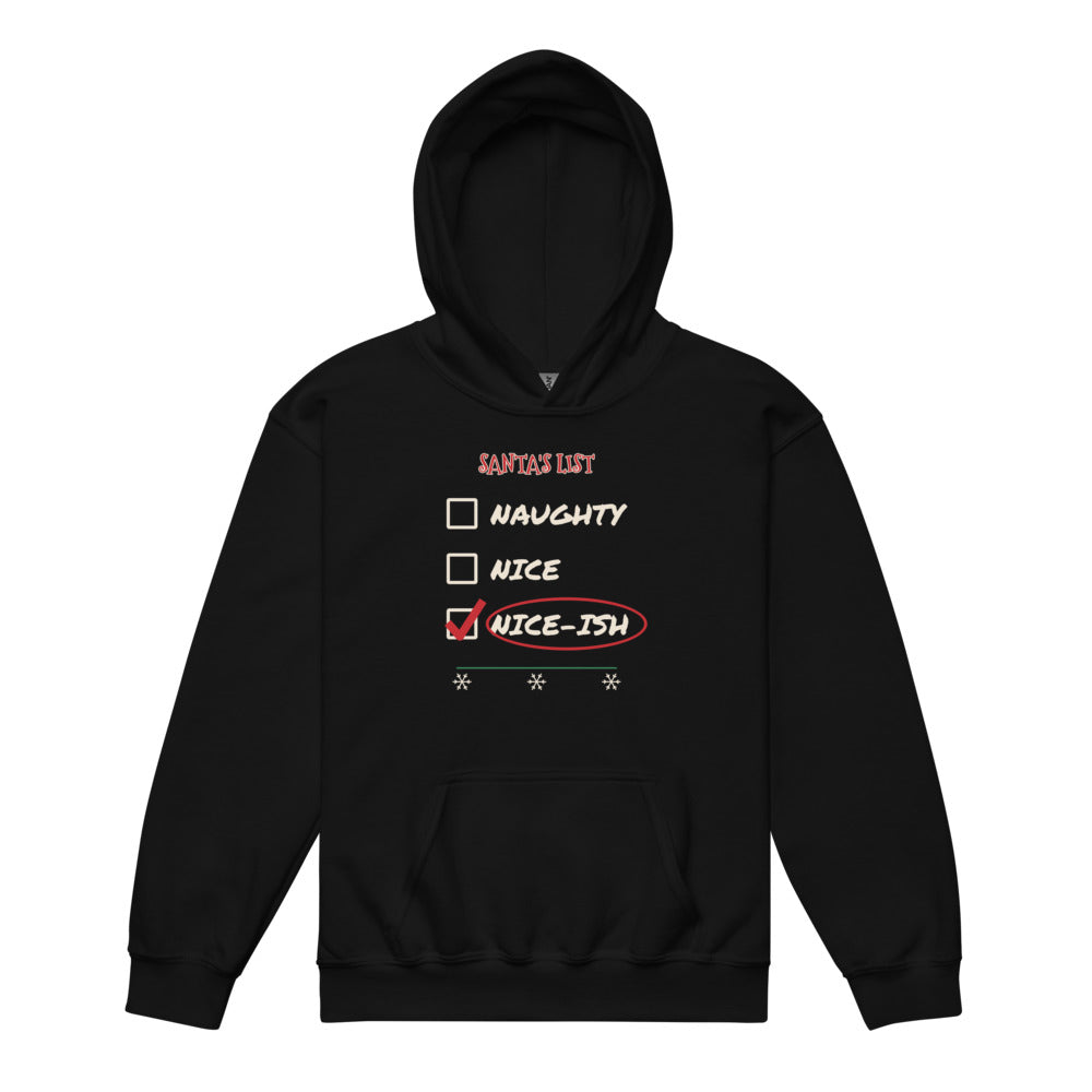 Nice-ish Kids Hoodie in black, mockup of the design printed on the front of the kids hoodie