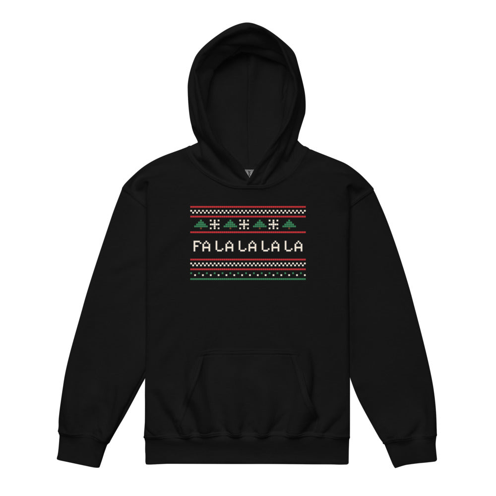 Fa La La Knit Kids Hoodie in black, mockup of the design printed on the front of the kids hoodie