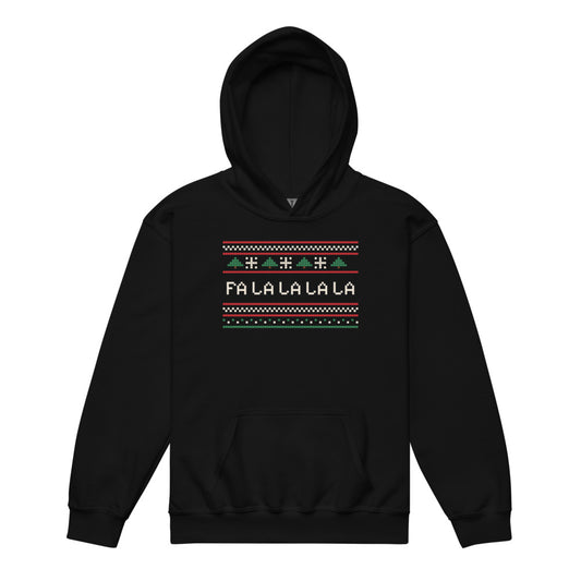 Fa La La Knit Kids Hoodie in black, mockup of the design printed on the front of the kids hoodie