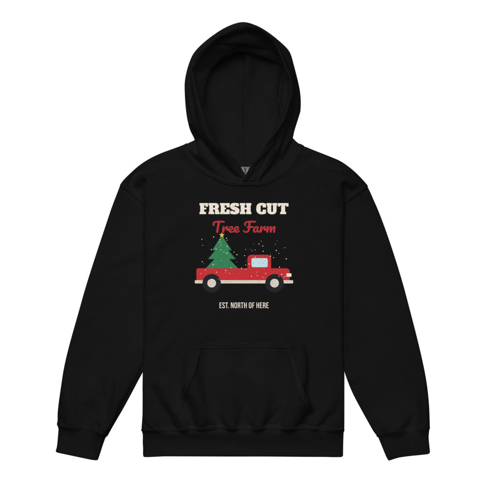 Fresh Cut Tree Farm Kids Hoodie in black, mockup of the design printed on the front of the kids hoodie