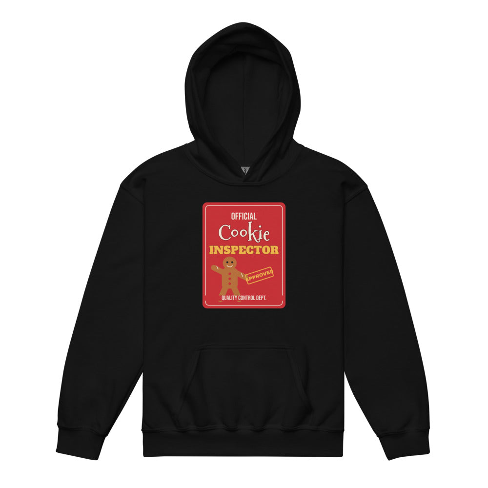 Cookie Inspector Kids Hoodie in black, mockup of the design printed on the front of the kids hoodie
