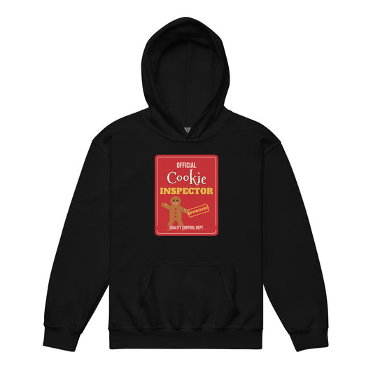Cookie Inspector Kids Hoodie in black, mockup of the design printed on the front of the kids hoodie