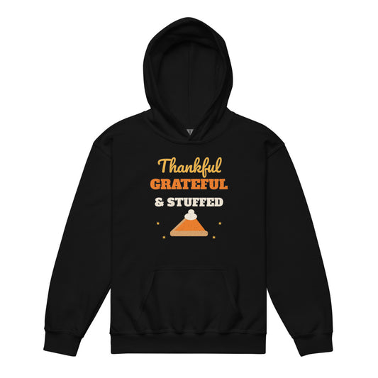 Thankful, Grateful & Stuffed Kids Hoodie in black, mockup of the design printed on the front of the kids hoodie